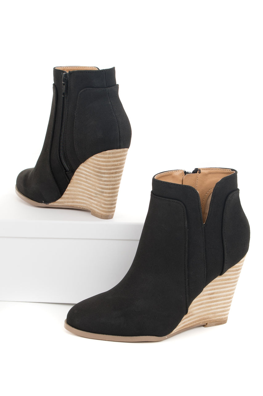 Black Faux Suede Stacked Wedge Bootie