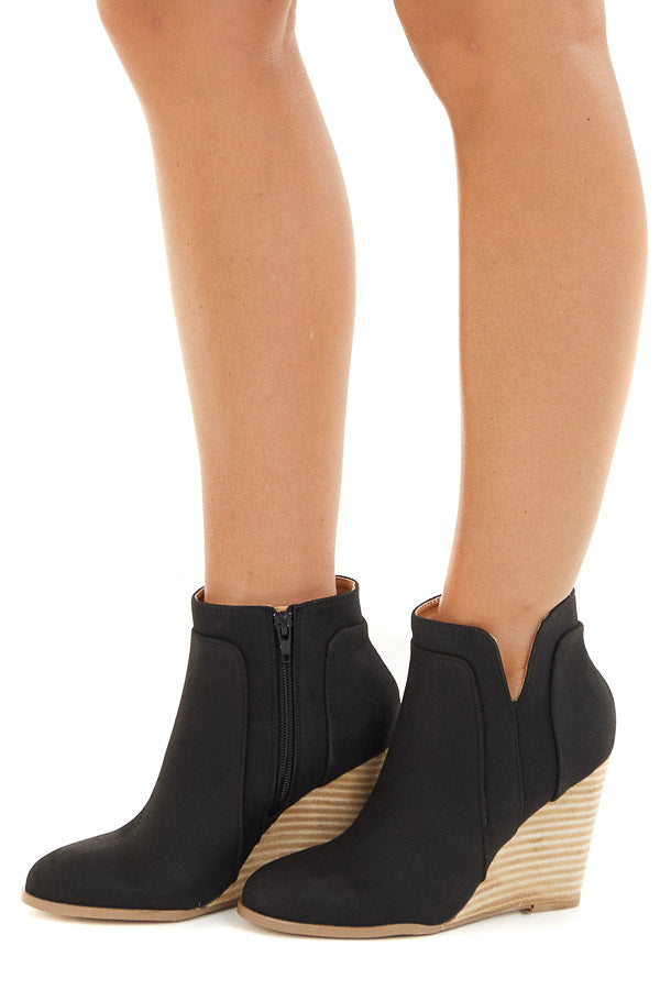 Black Faux Suede Stacked Wedge Bootie