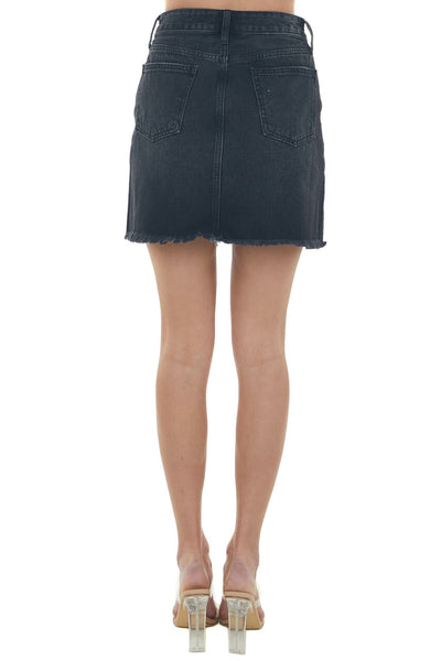 Black Frayed Hem Denim Skirt with Pockets