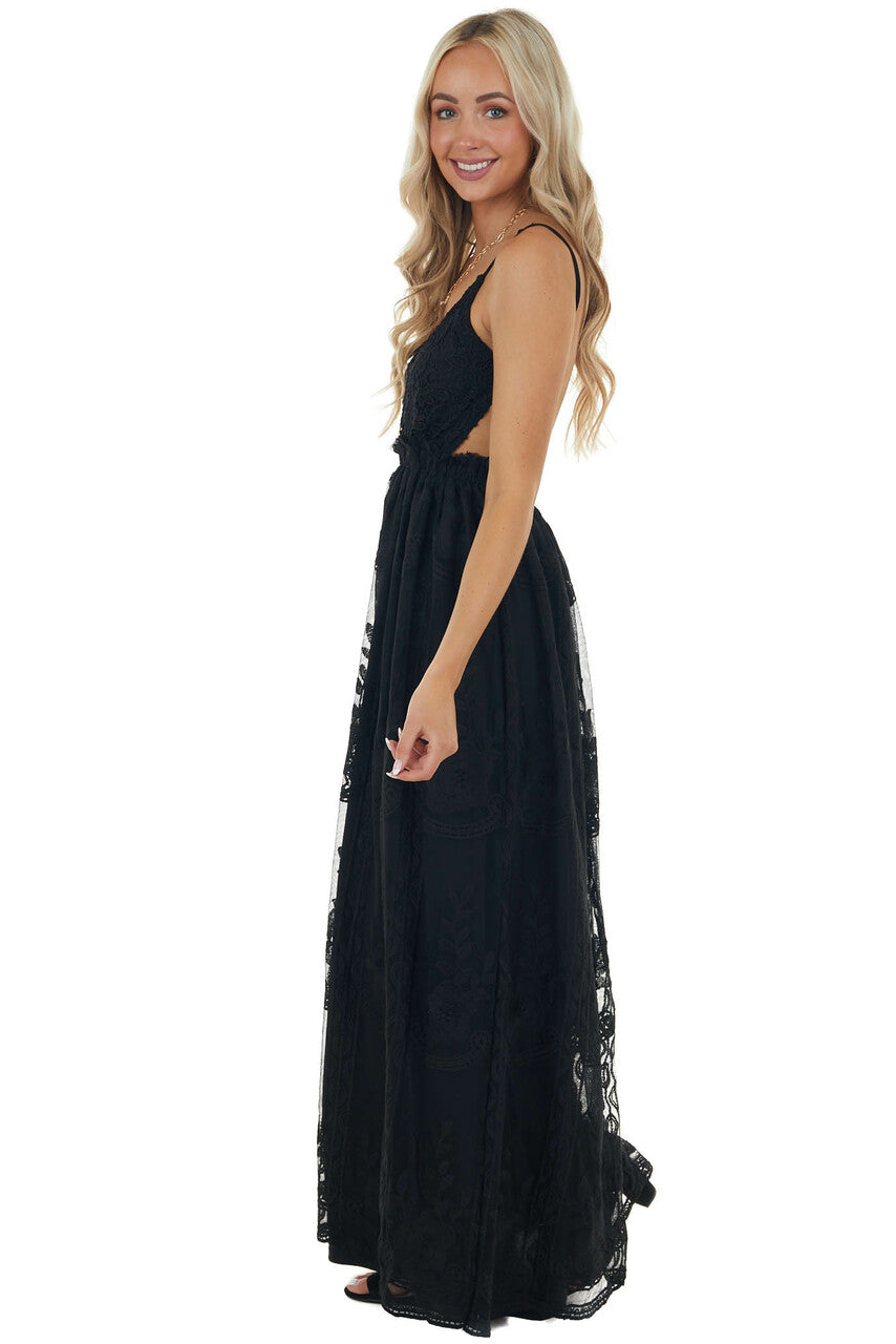 Black Lace Sleeveless Open Back Maxi Dress