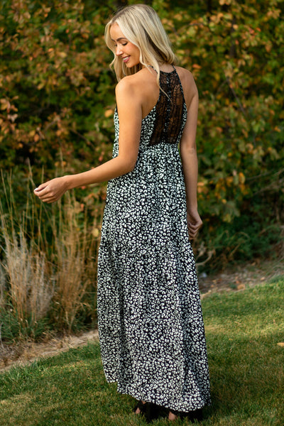 Black Leopard Print Lace Trim Maxi Dress