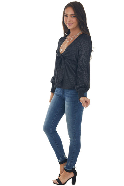 Black Leopard Print V Neck Peplum Satin Blouse