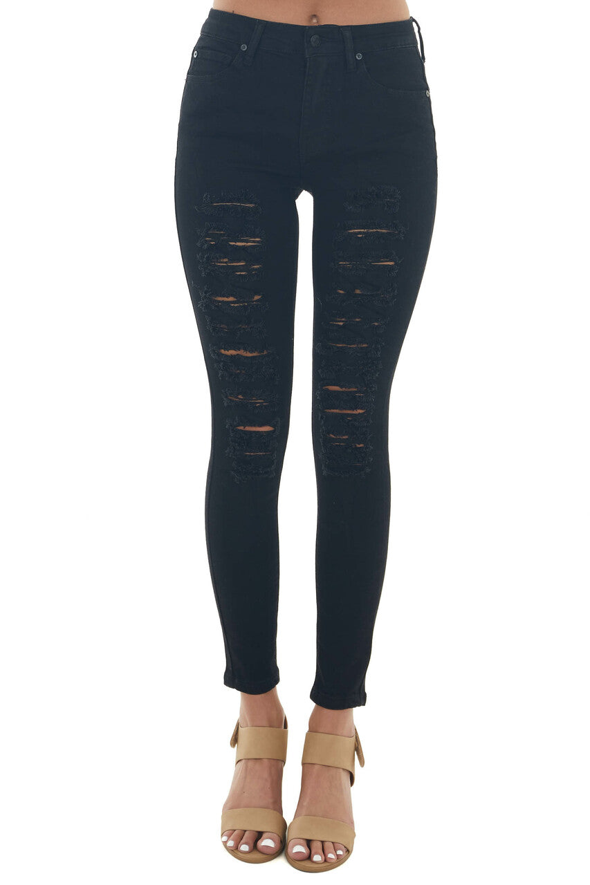 Black Mid Rise Distressed Ladder Cut Out Jeans