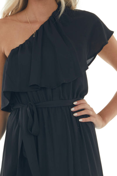 Black One Shoulder Ruffle Overlay Maxi Dress