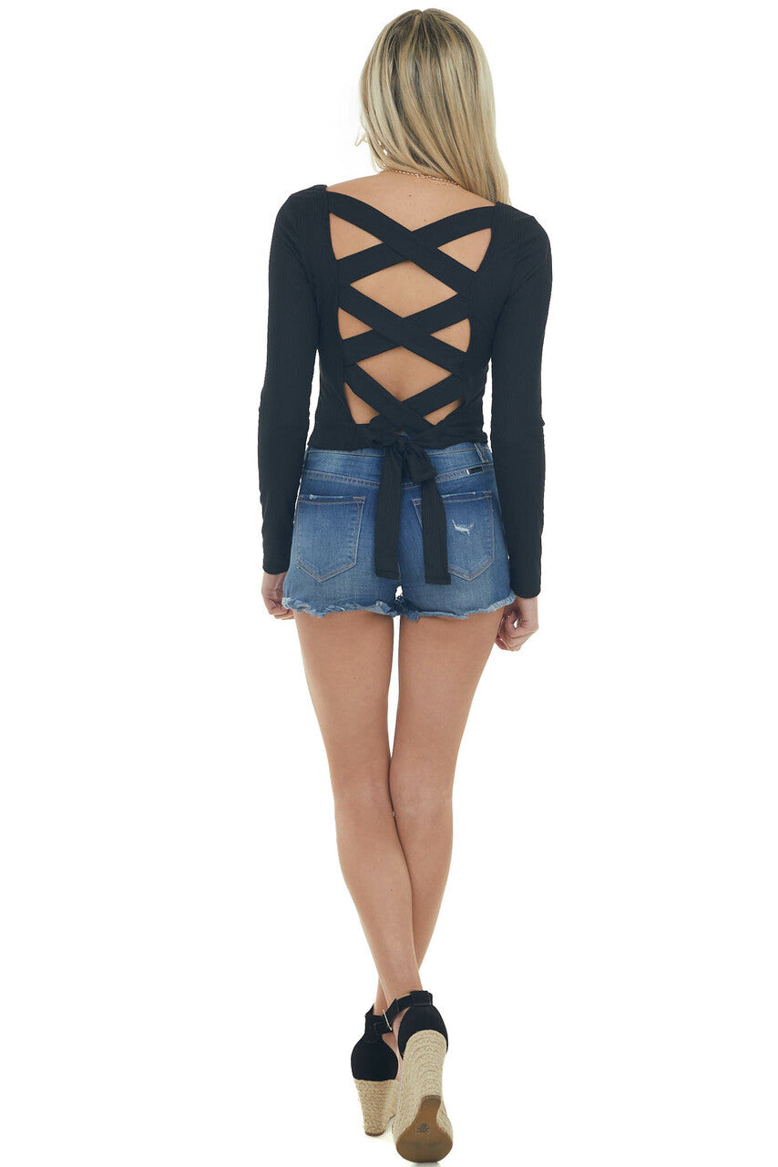 Black Open Criss Cross Back Ribbed Knit Top