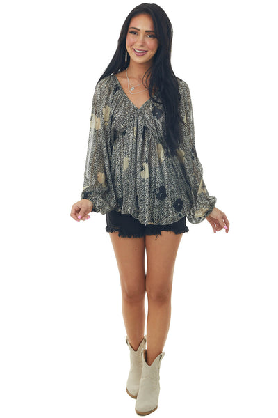 Black Printed V Neck Babydoll Chiffon Blouse