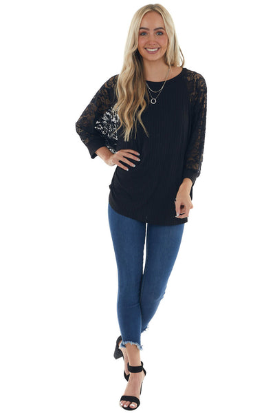Black Ribbed Dolman 3/4 Lace Sleeve Knit Top