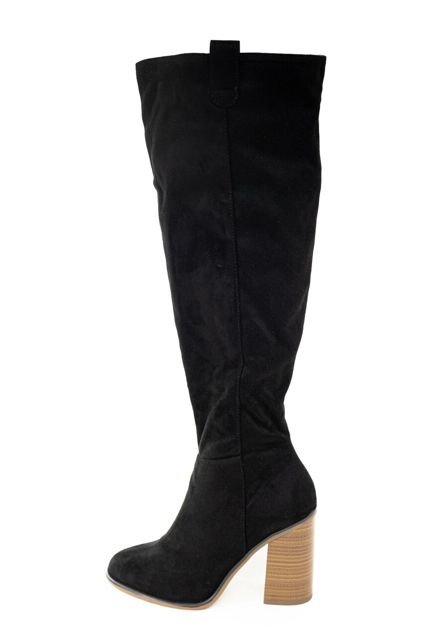 Black Suede Block Heel Knee High Boots