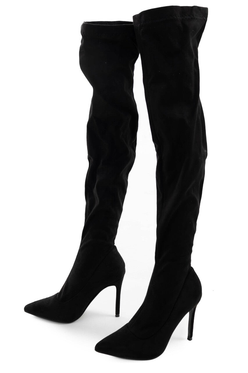 Black Suede Stiletto Heel Thigh High Boots