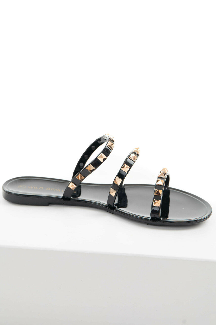 Black Triple Strap Gold Studded Jelly Sandals