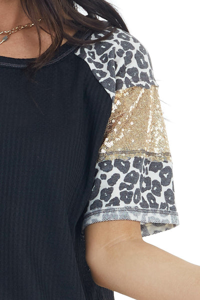Black Waffle Knit Top with Leopard and Sequin Contrast 