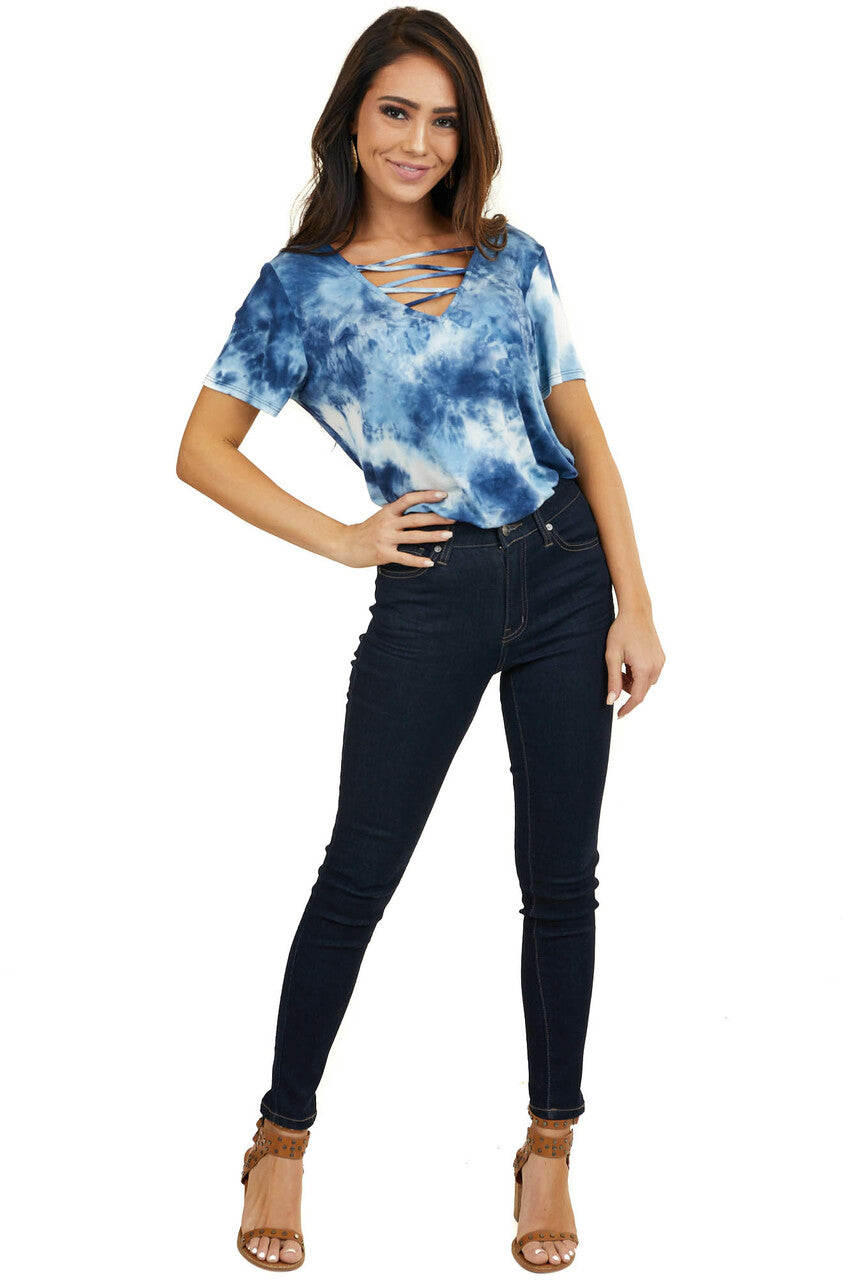 Blue Tie Dye Short Sleeve Knit Top with Cutout Details 