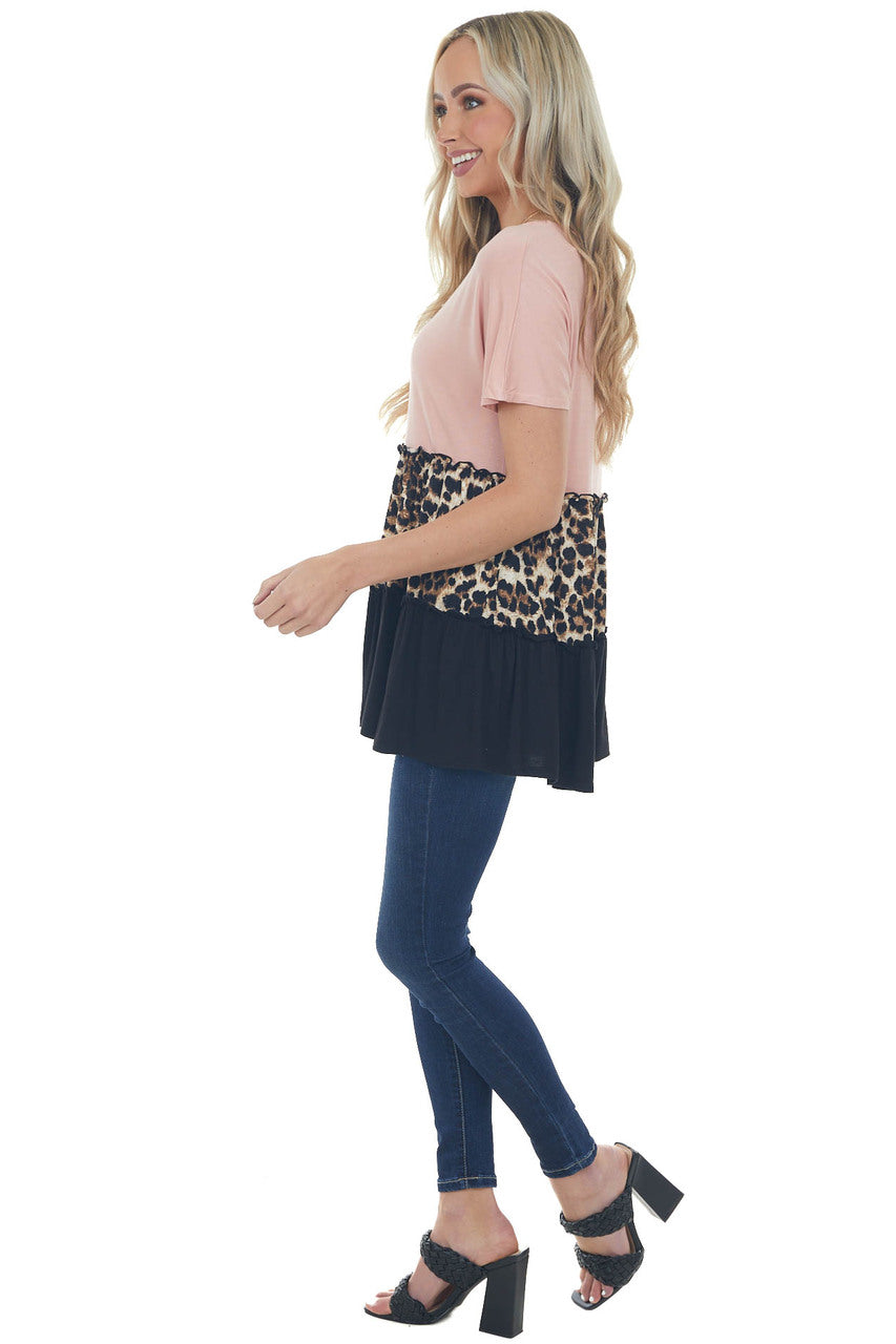Blush and Leopard Print Colorblock Stretchy Knit Tunic Top