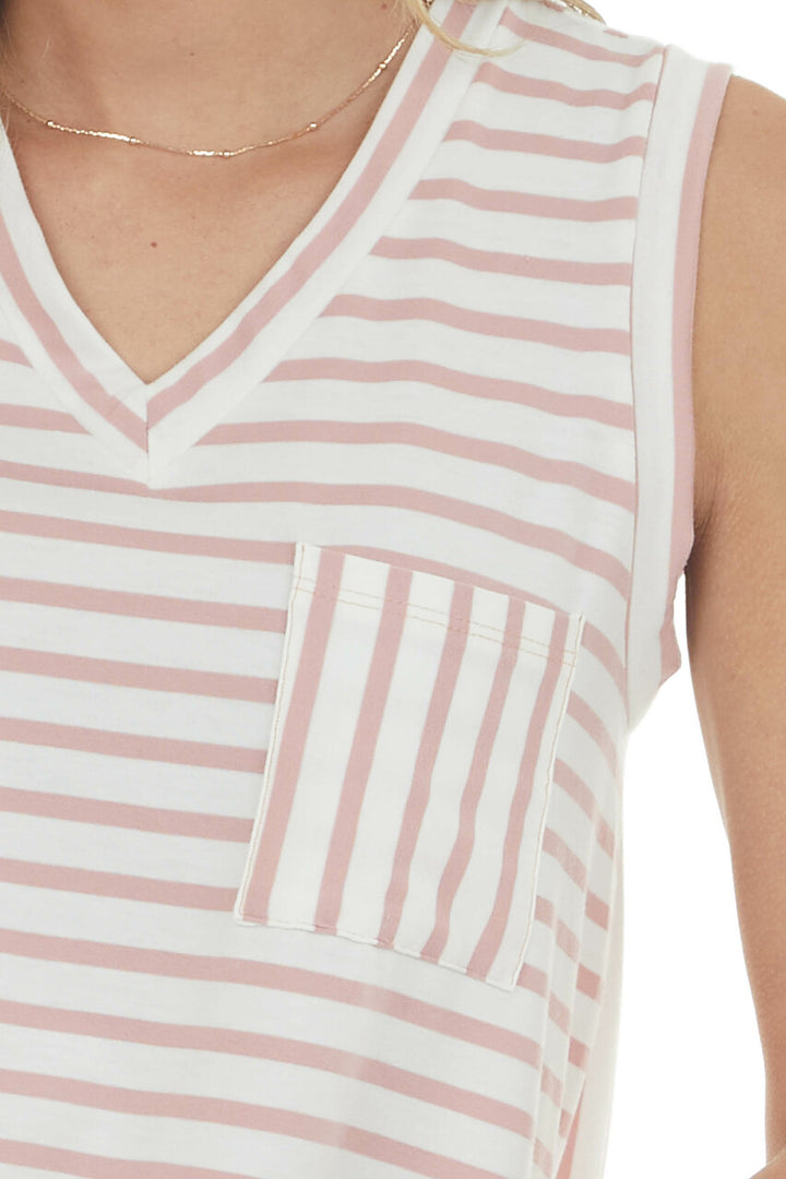 Blush Striped Sleeveless Chest Pocket Top