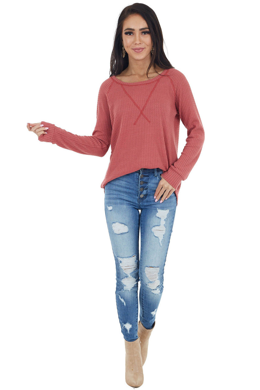 Bright Marsala Waffle Knit Long Sleeve Top with V Stitch