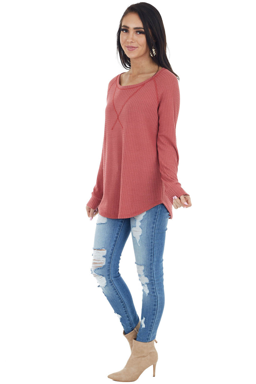 Bright Marsala Waffle Knit Long Sleeve Top with V Stitch