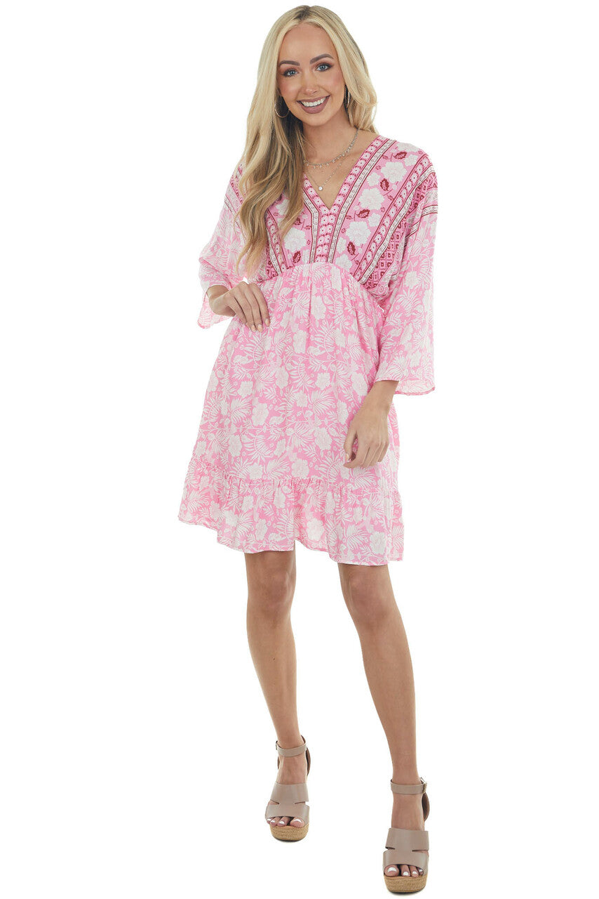 Bright Pink Tropical 3/4 Sleeve Back Tie Dress