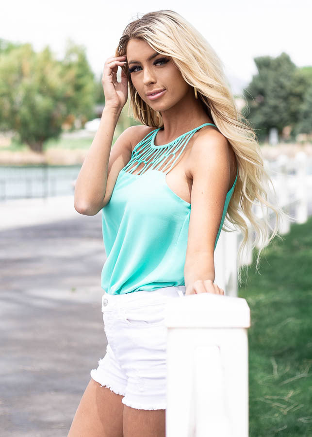 Bright Seafoam Tank Top with Loop Knotted Neckline