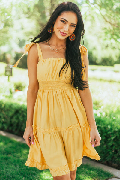 Canary Yellow Shoulder Tie Strap Ruffle Tiered Dress