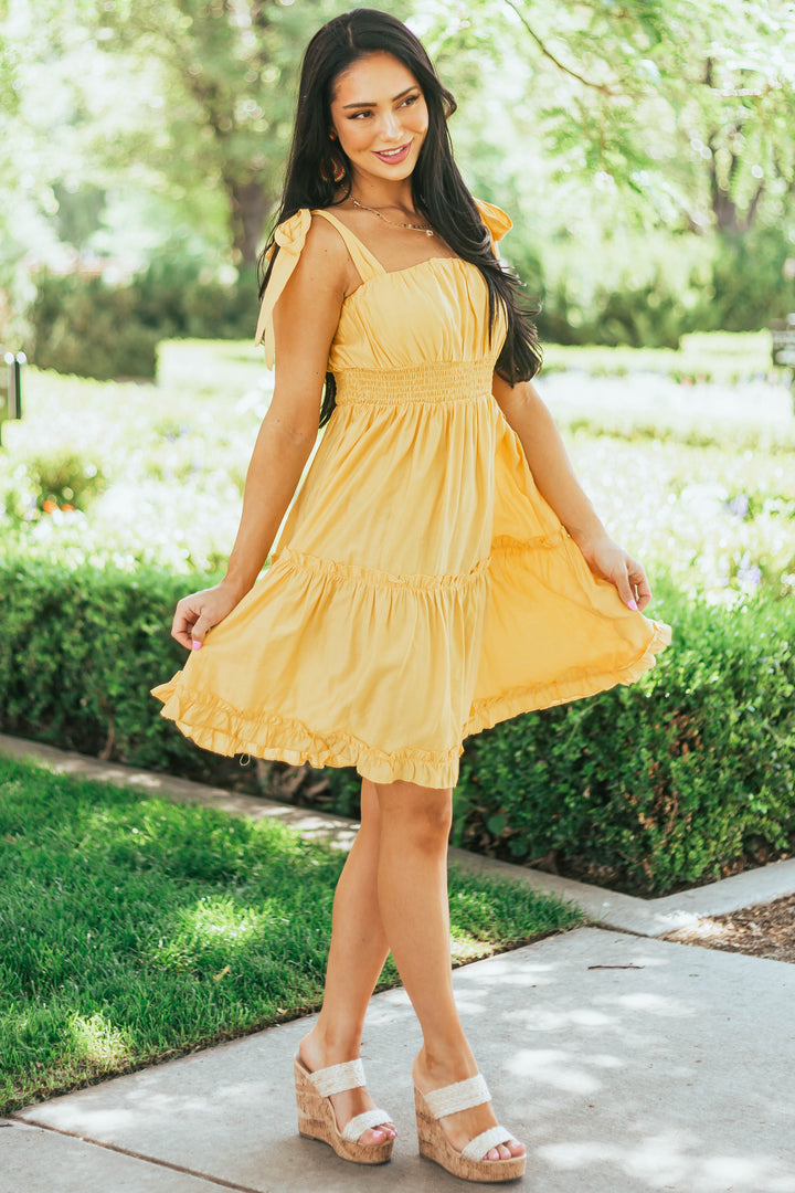 Canary Yellow Shoulder Tie Strap Ruffle Tiered Dress