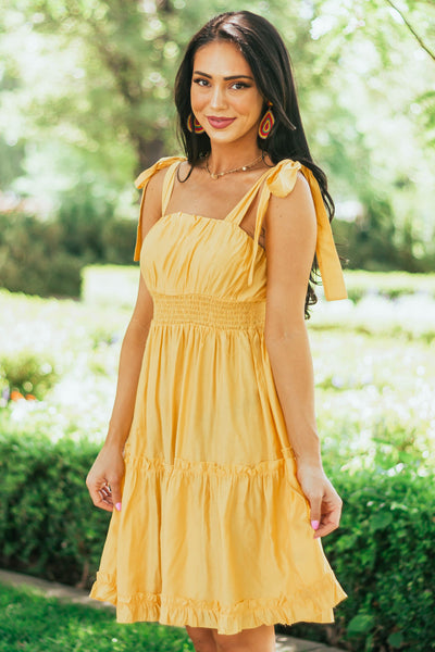 Canary Yellow Shoulder Tie Strap Ruffle Tiered Dress