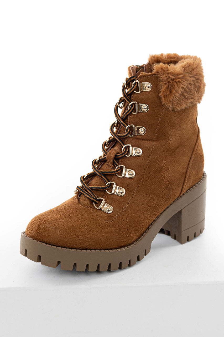 Caramel Faux Suede Lace Up Heeled Lug Booties