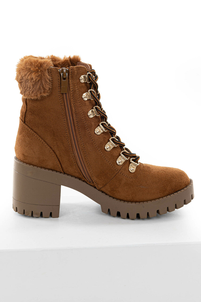 Caramel Faux Suede Lace Up Heeled Lug Booties