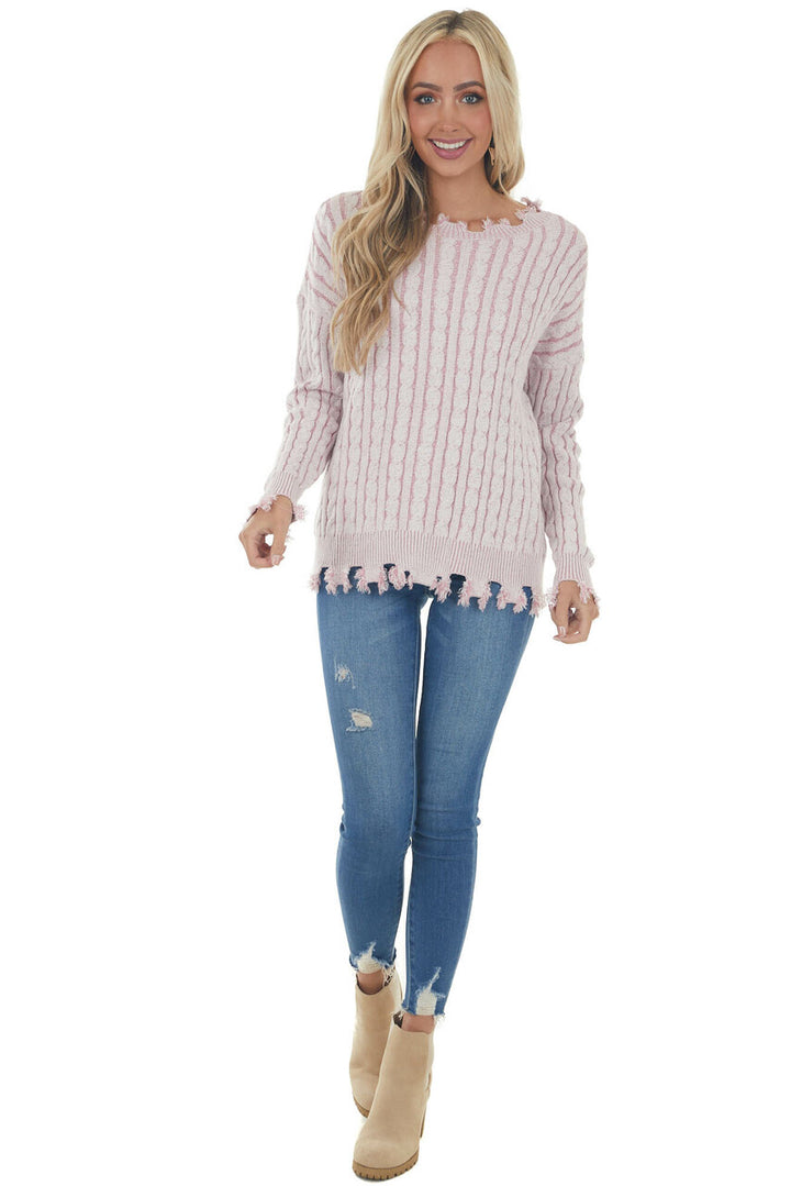 Carnation Cable Knit Distressed Trim Sweater
