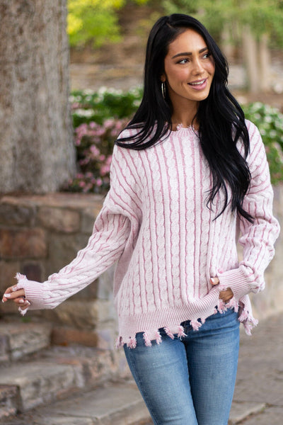 Carnation Cable Knit Distressed Trim Sweater