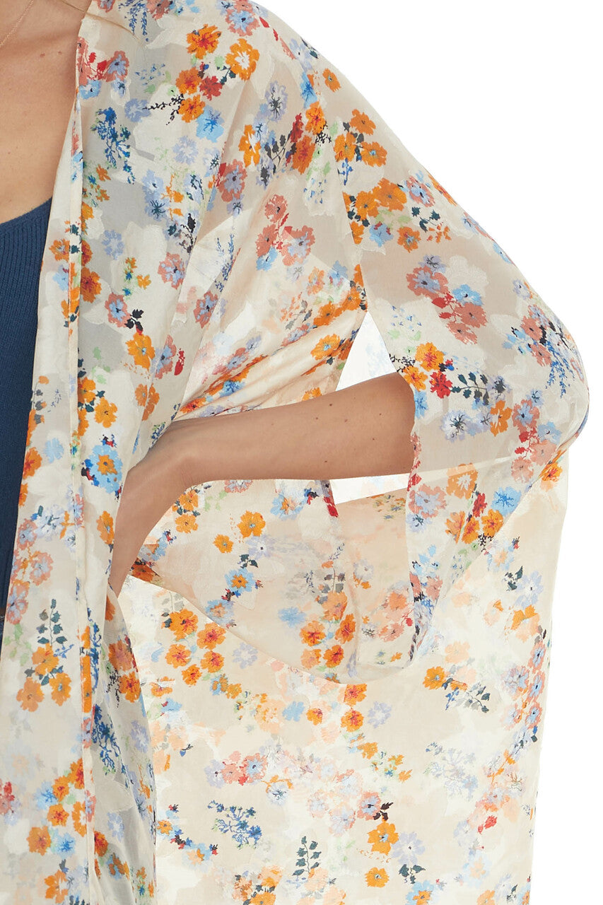 Champagne Floral Textured Open Front Kimono