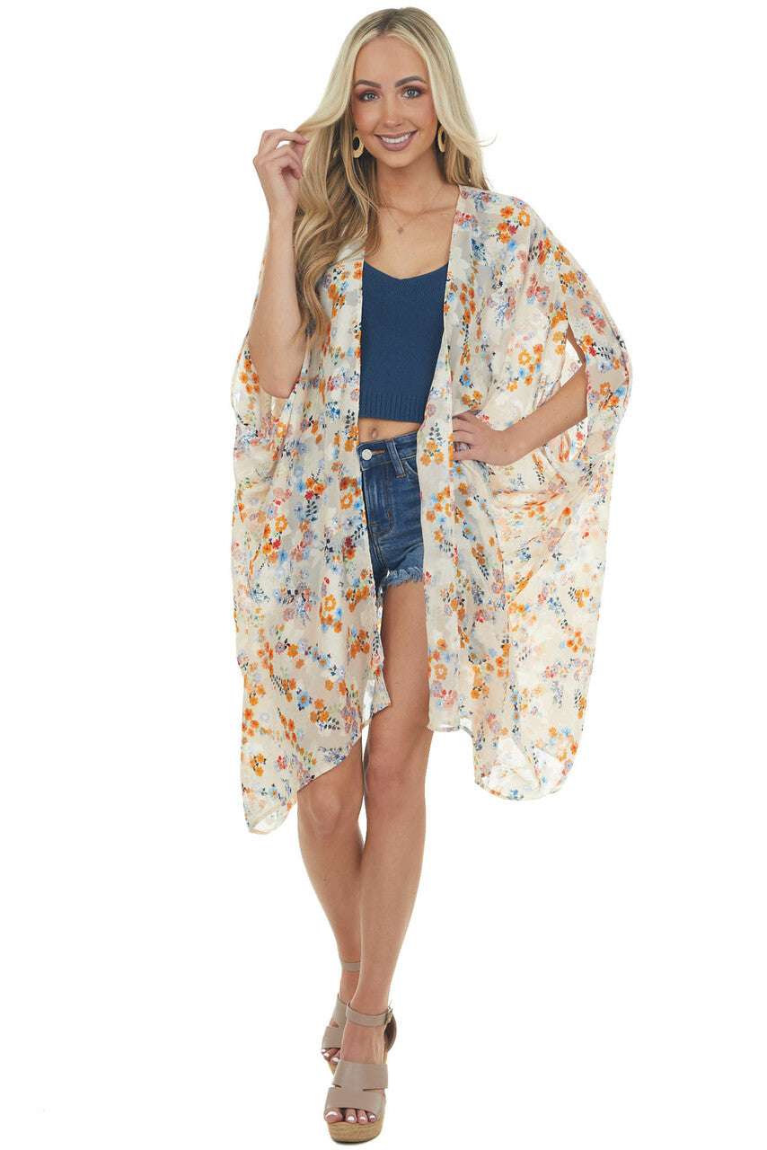 Champagne Floral Textured Open Front Kimono