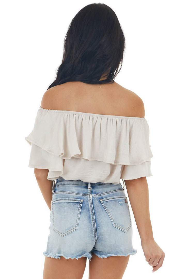 Champagne Off the Shoulder Short Sleeve Overlaying Crop Top
