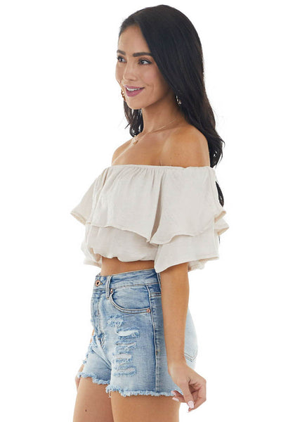 Champagne Off the Shoulder Short Sleeve Overlaying Crop Top