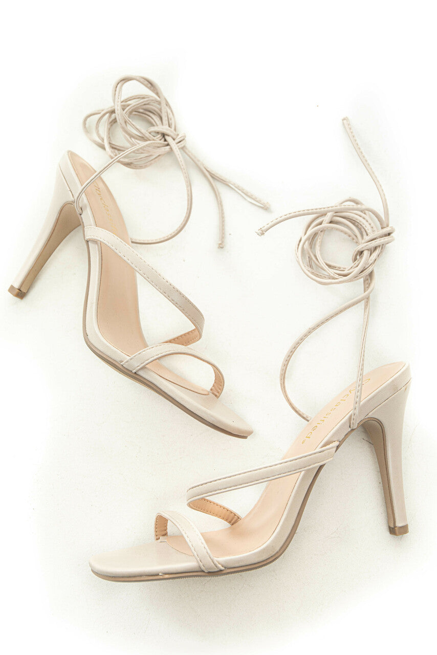 Champagne Strappy Ankle Wrap Square Toe Heels 