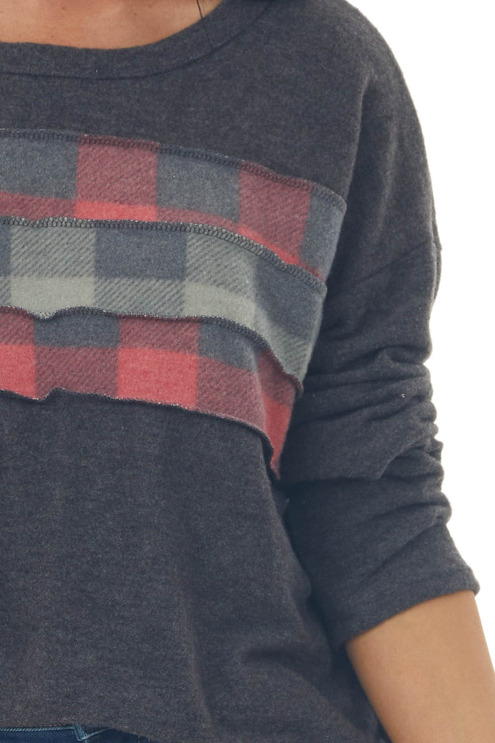 Charcoal Brushed Knit Top with Plaid Contrast
