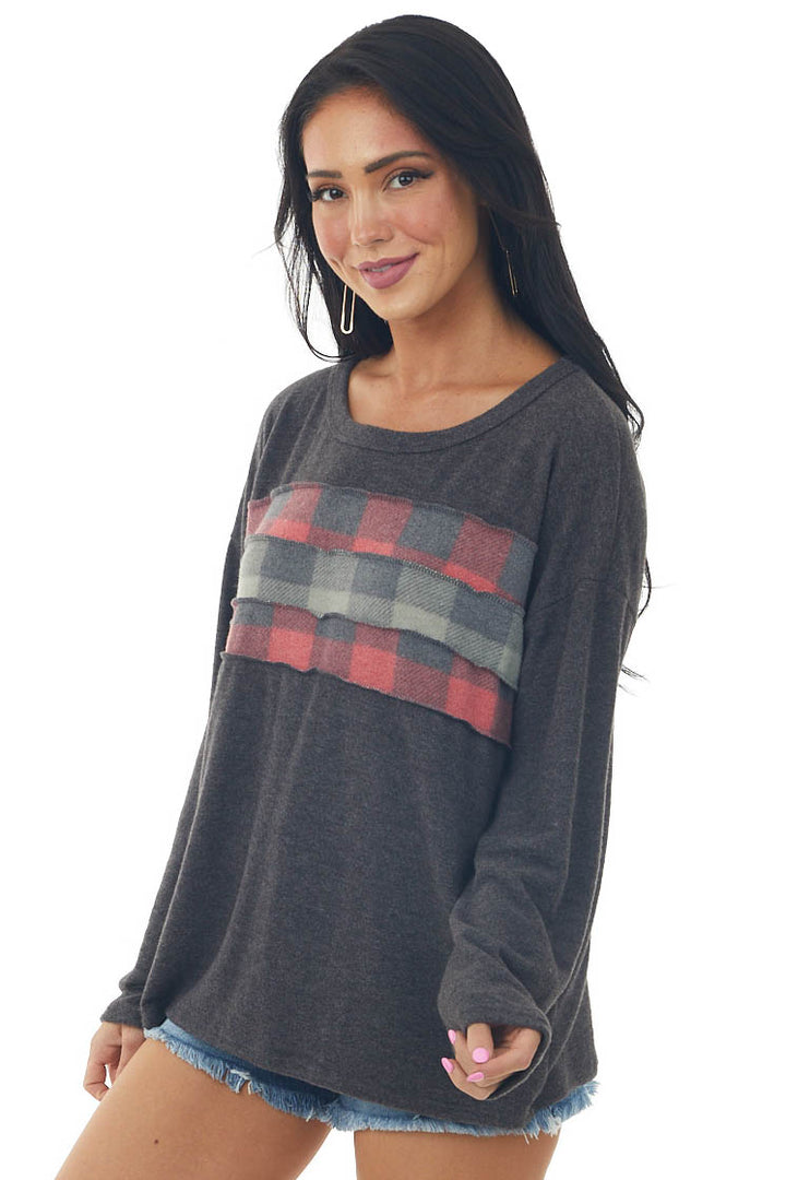 Charcoal Brushed Knit Top with Plaid Contrast