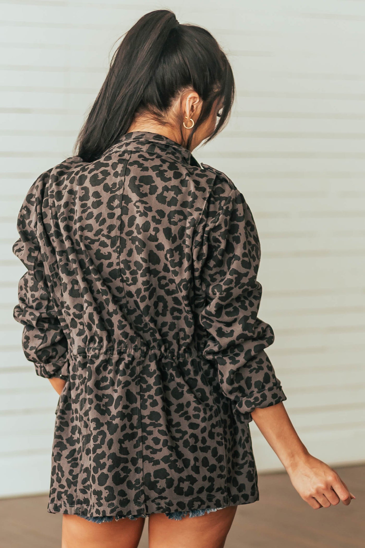 Charcoal Leopard Print Denim Jacket with Pockets