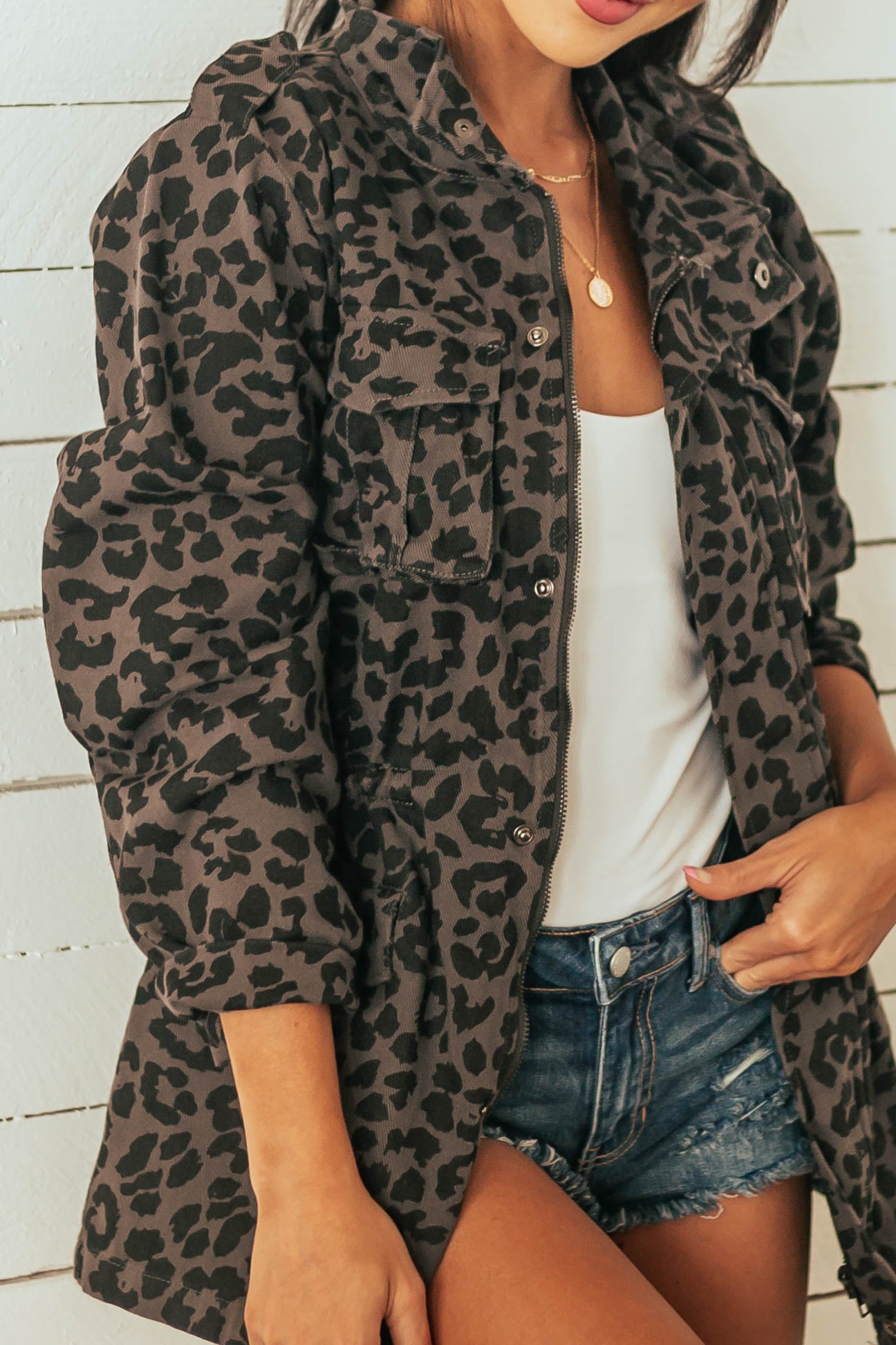 Charcoal Leopard Print Denim Jacket with Pockets