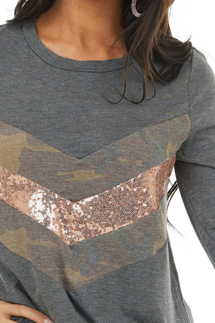Charcoal Long Sleeve Top with Sequin and Camo Details 