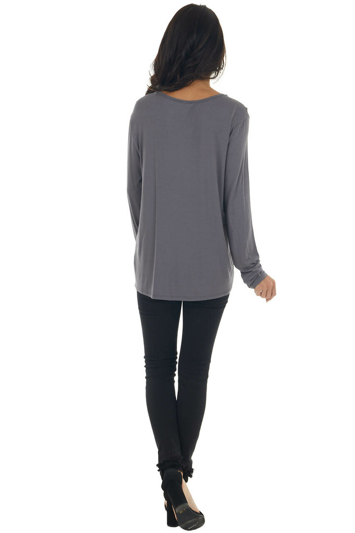 Charcoal Long Sleeve V Neck Cut Out Knit Top 