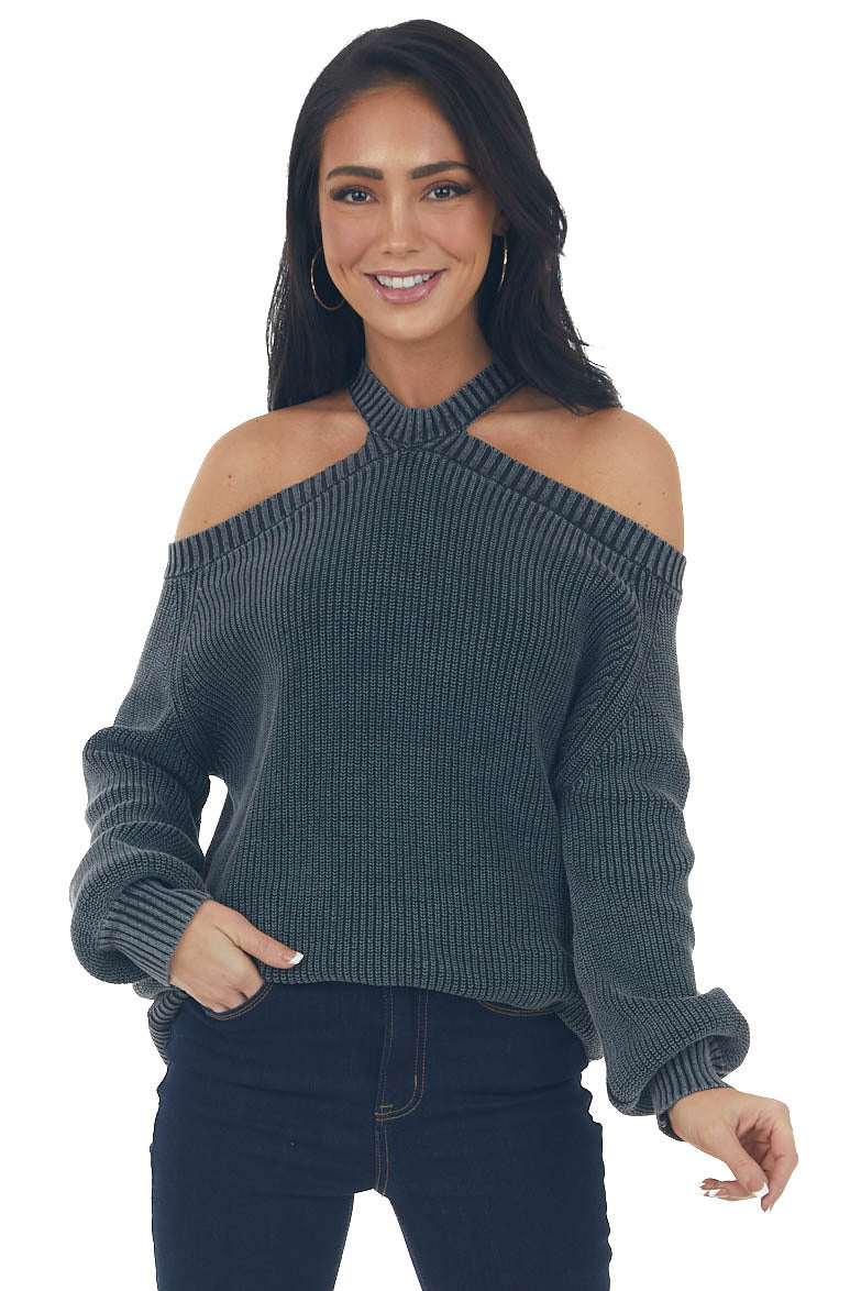 Charcoal Mineral Washed Cold Shoulder Sweater 