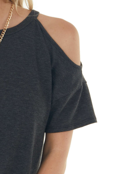 Charcoal Short Sleeve Cold Shoulder Stretchy Knit Top