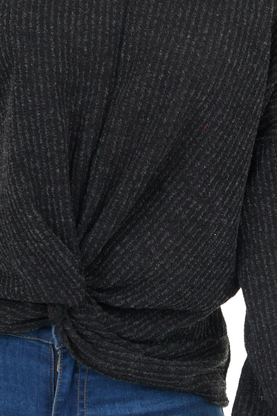 Charcoal Two Tone Long Sleeve Knit Top with Cold Shoulders