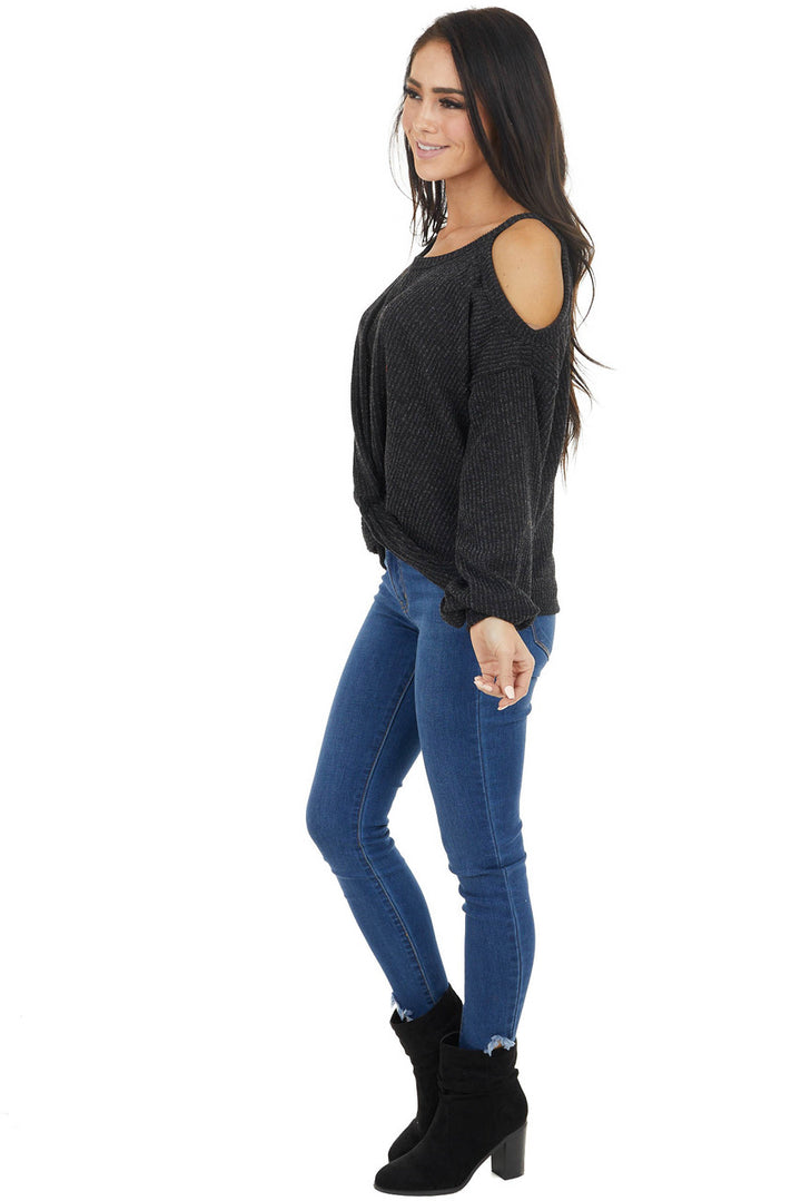Charcoal Two Tone Long Sleeve Knit Top with Cold Shoulders