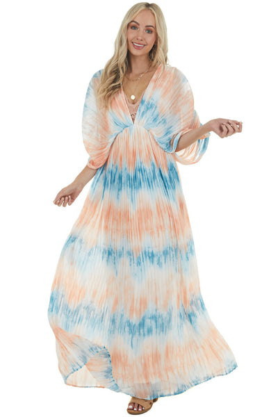 Cobalt and Salmon Tie Dye Pleated Woven Maxi Dress