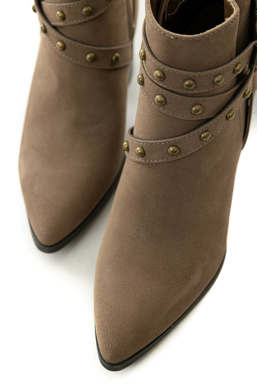 Coffee Strappy Studded Pointed Toe Booties