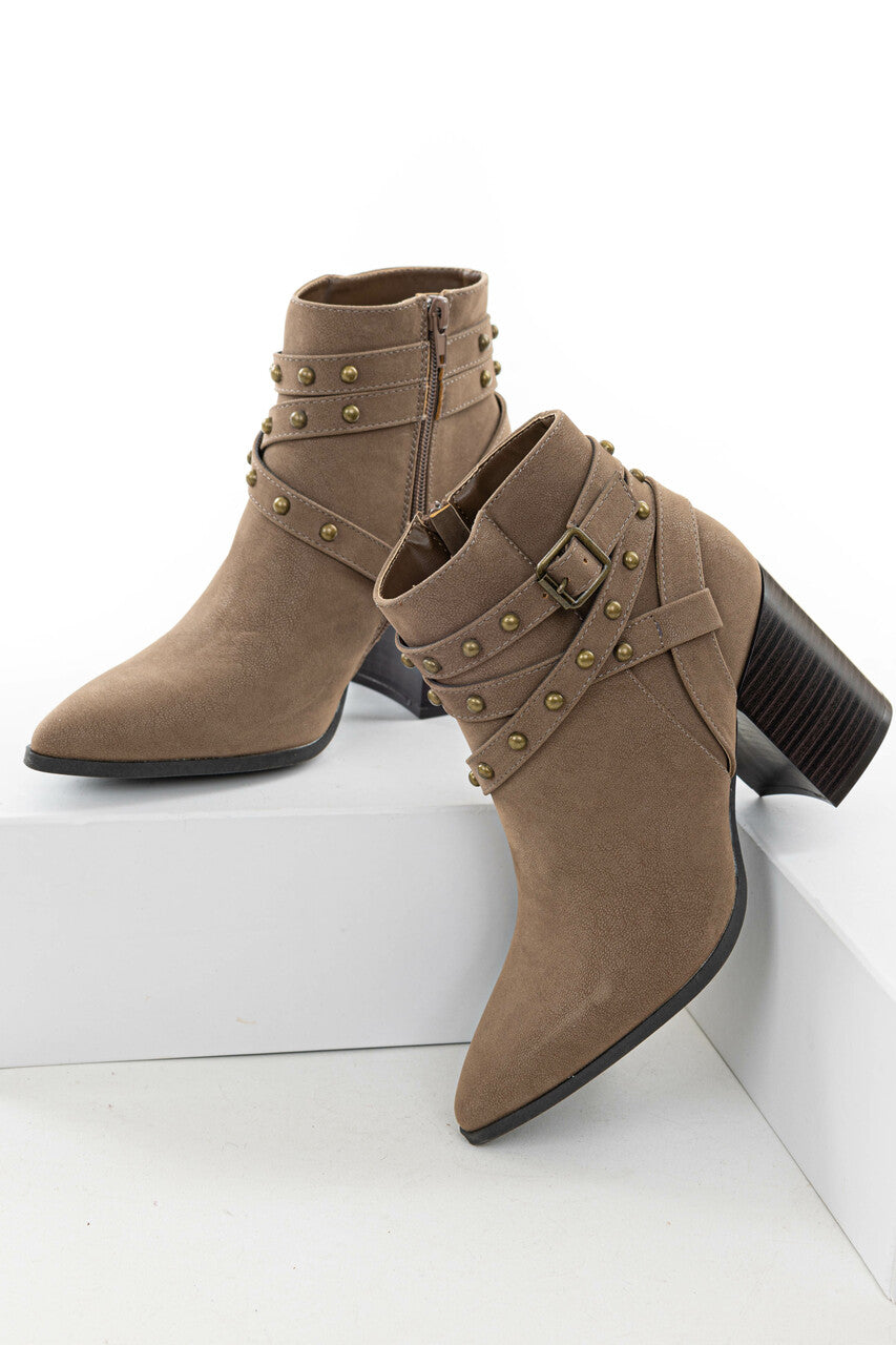 Coffee Strappy Studded Pointed Toe Booties