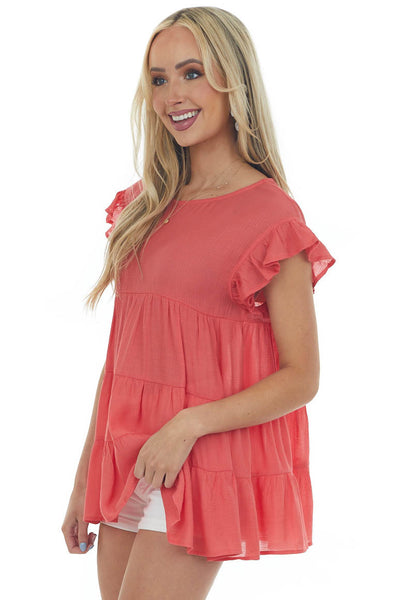 Coral Babydoll Tiered Ruffle Sleeve Blouse