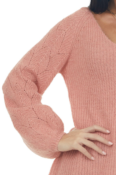 Coral Bishop Sleeve Fuzzy Pointelle Sweater