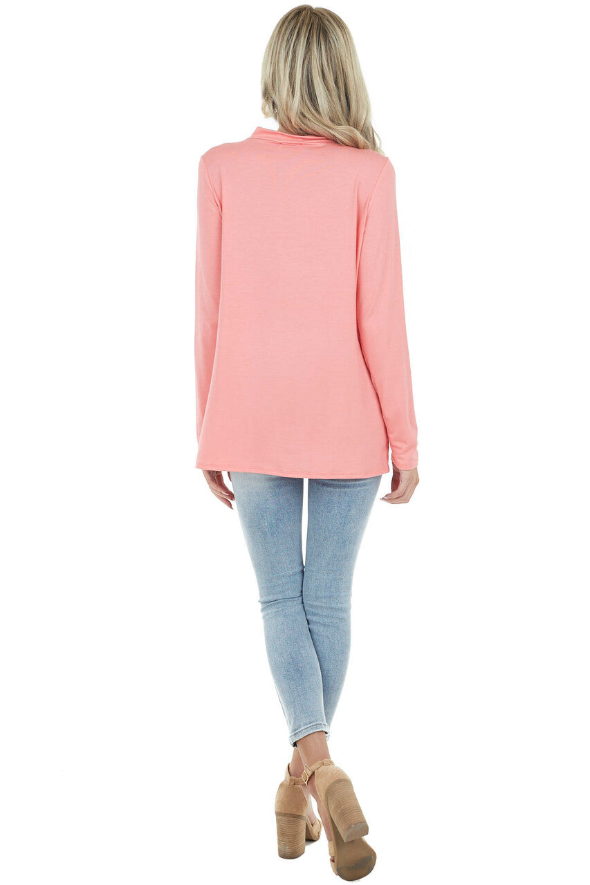 Coral Chest Cut Out Stretchy Knit Top with Long Sleeves